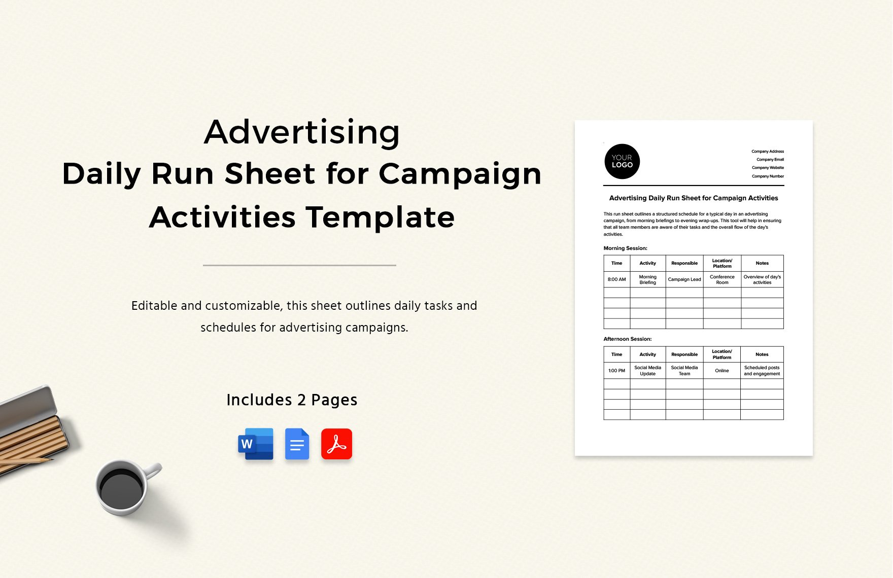 Advertising Daily Run Sheet for Campaign Activities Template in Word, Google Docs, PDF