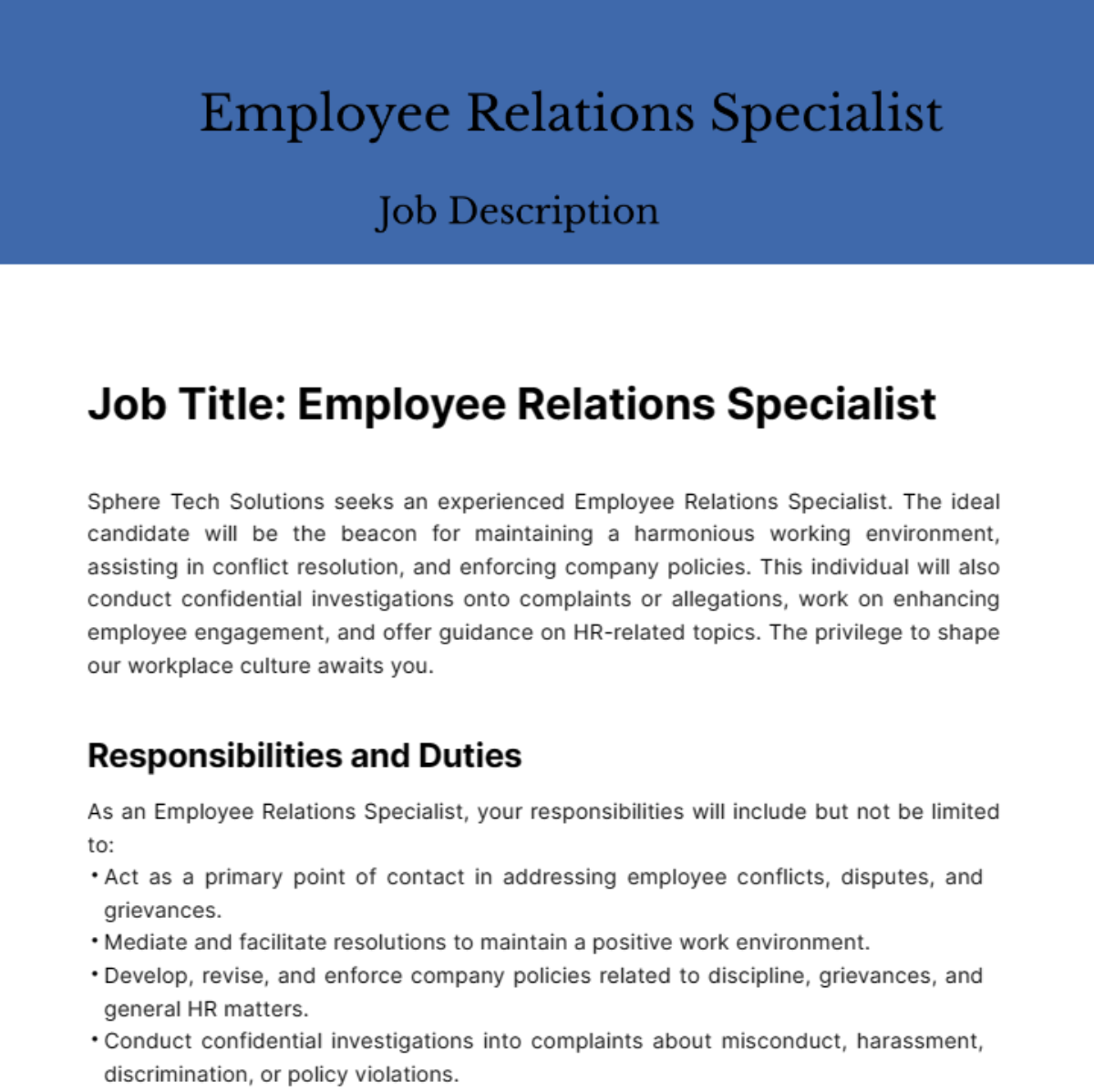 Employee Relations Specialist Job Description Template