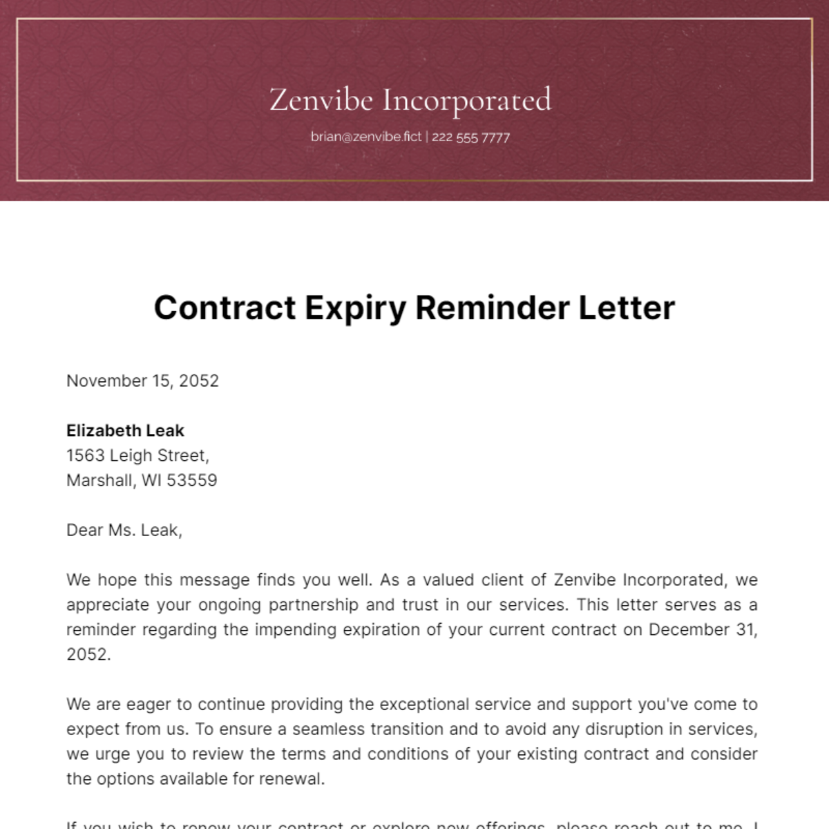 Contract Expiry Reminder Letter Template