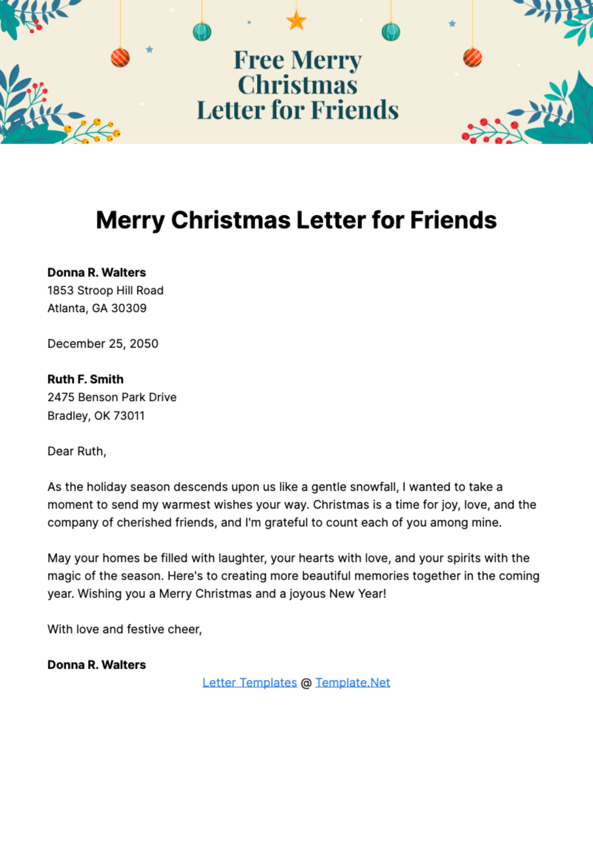 Free Merry Christmas Letter for Friends Template