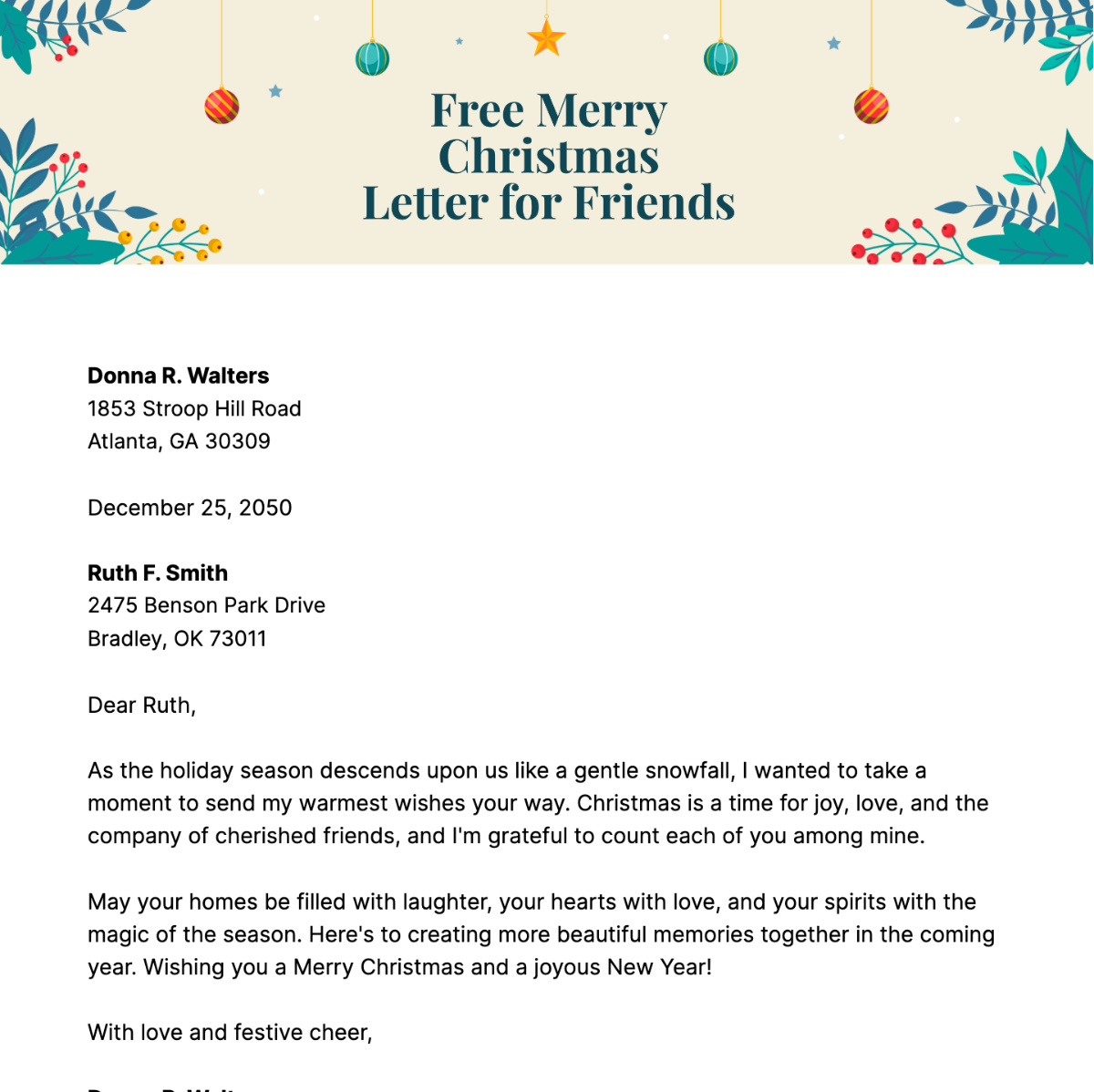 Merry Christmas Letter for Friends Template