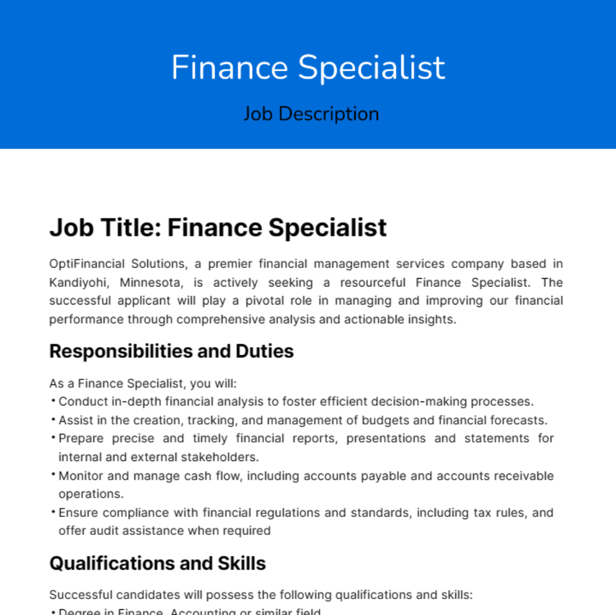 Finance Specialist Job Description Template