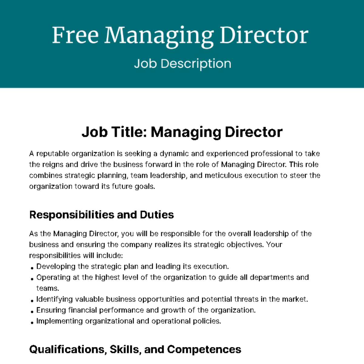 Managing Director Job Description Template