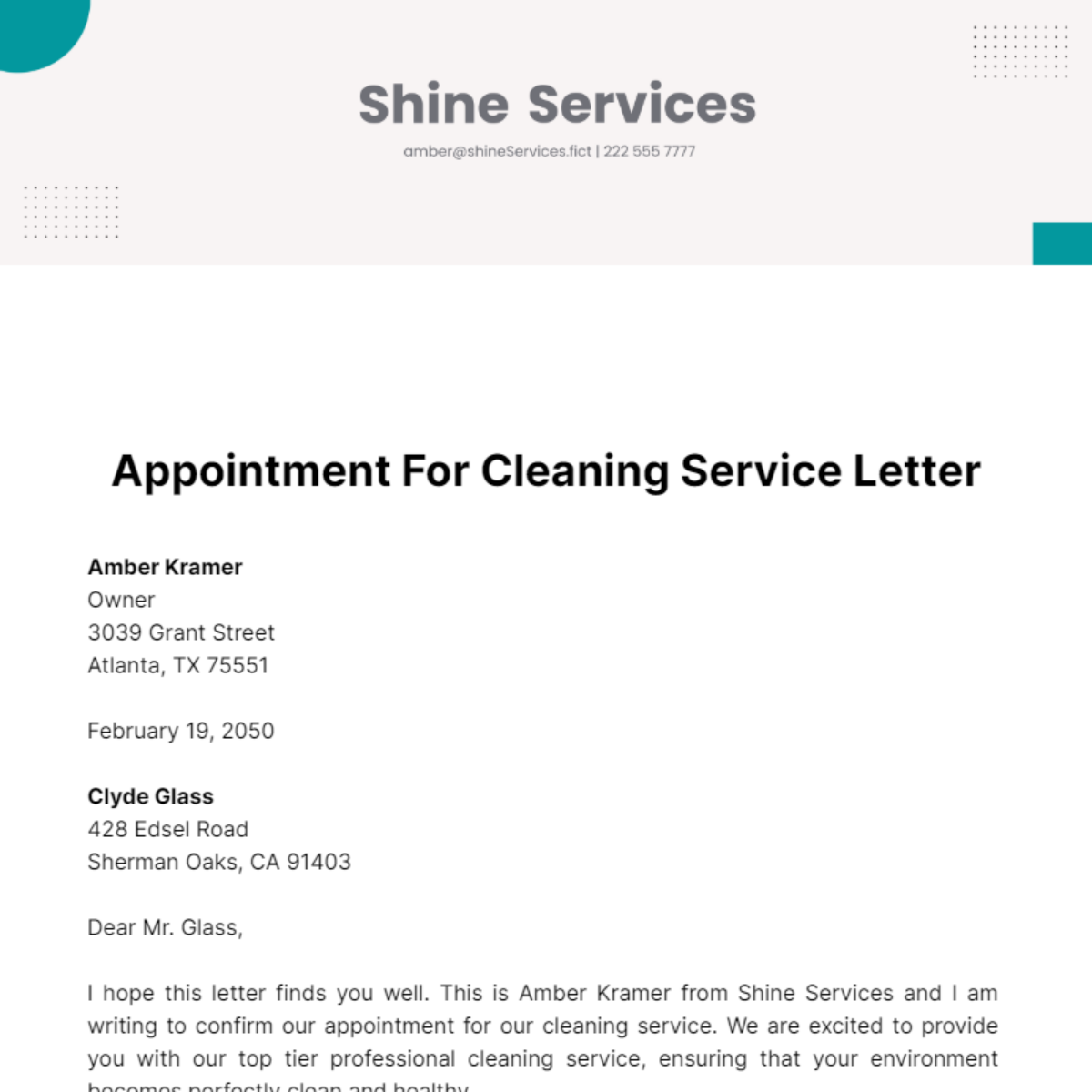 Appointment for Cleaning Service Letter Template