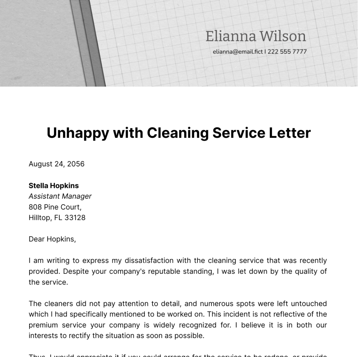 Unhappy with Cleaning Service Letter Template