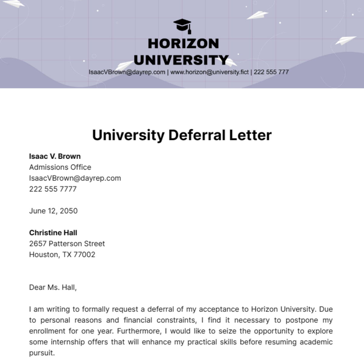 University Deferral Letter Template