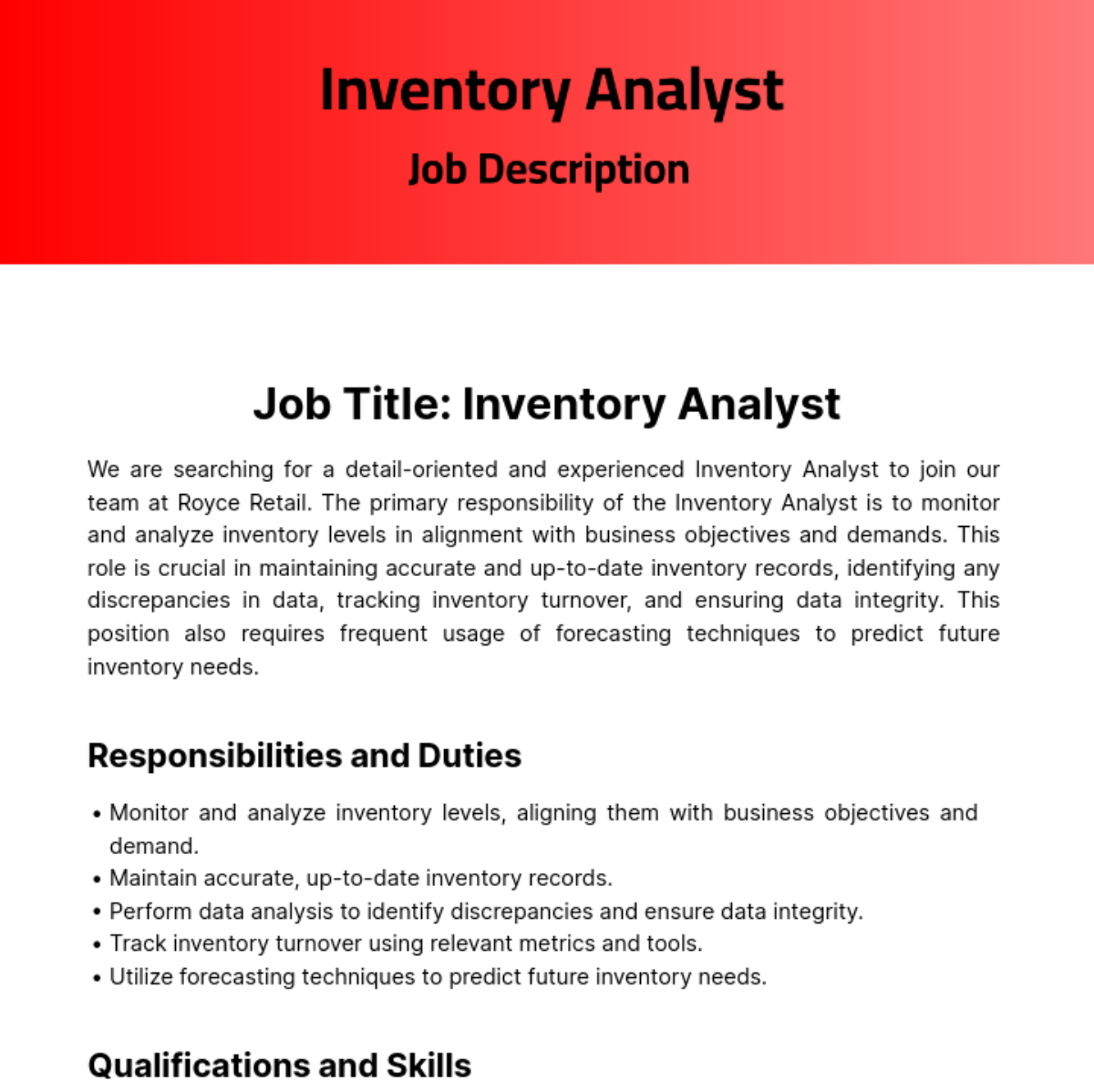 Inventory Analyst Job Description Template