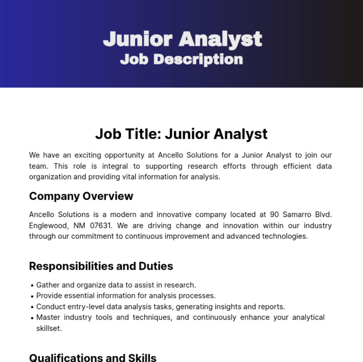 Junior Analyst Job Description Template