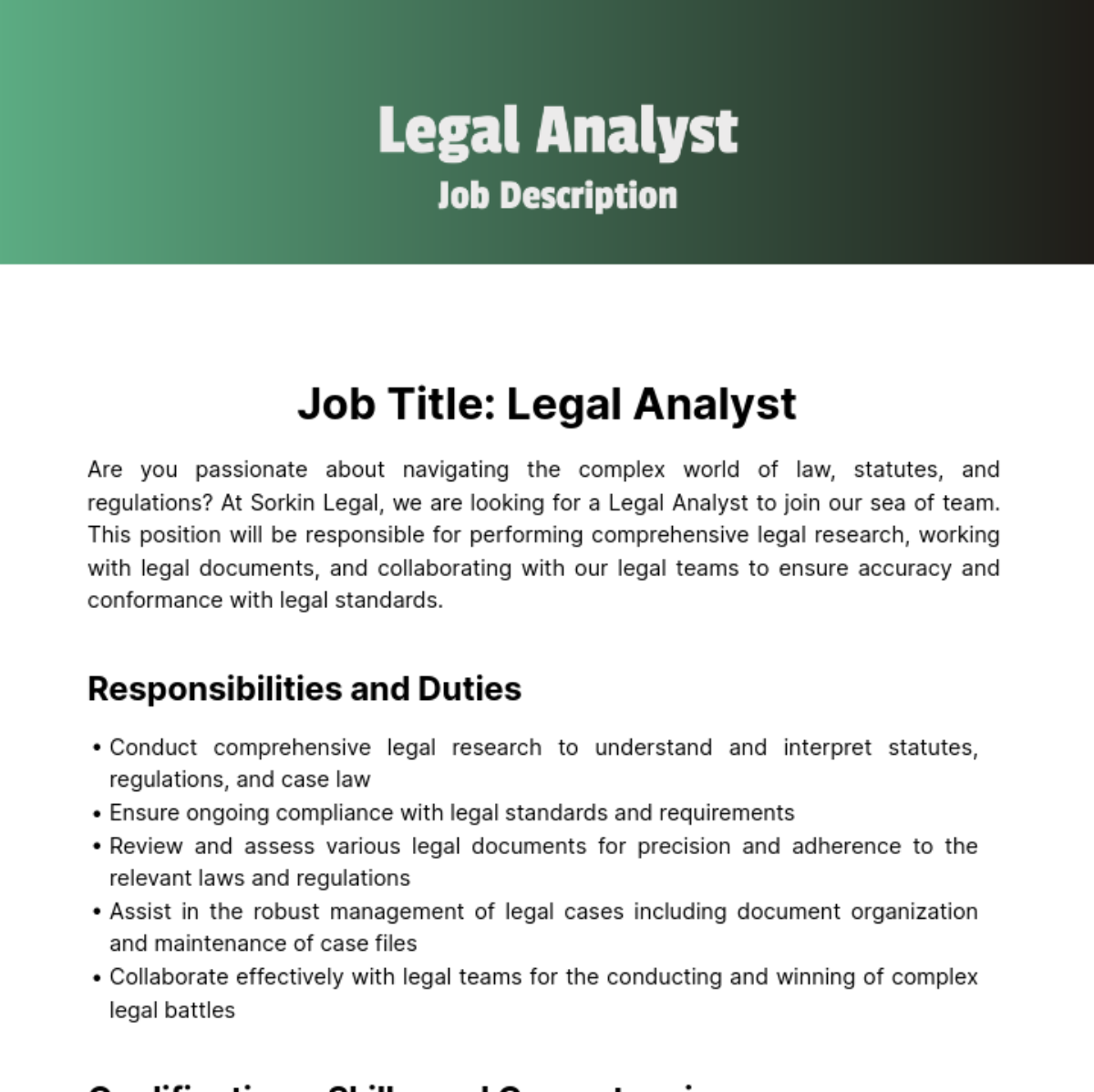 Legal Analyst Job Description Template