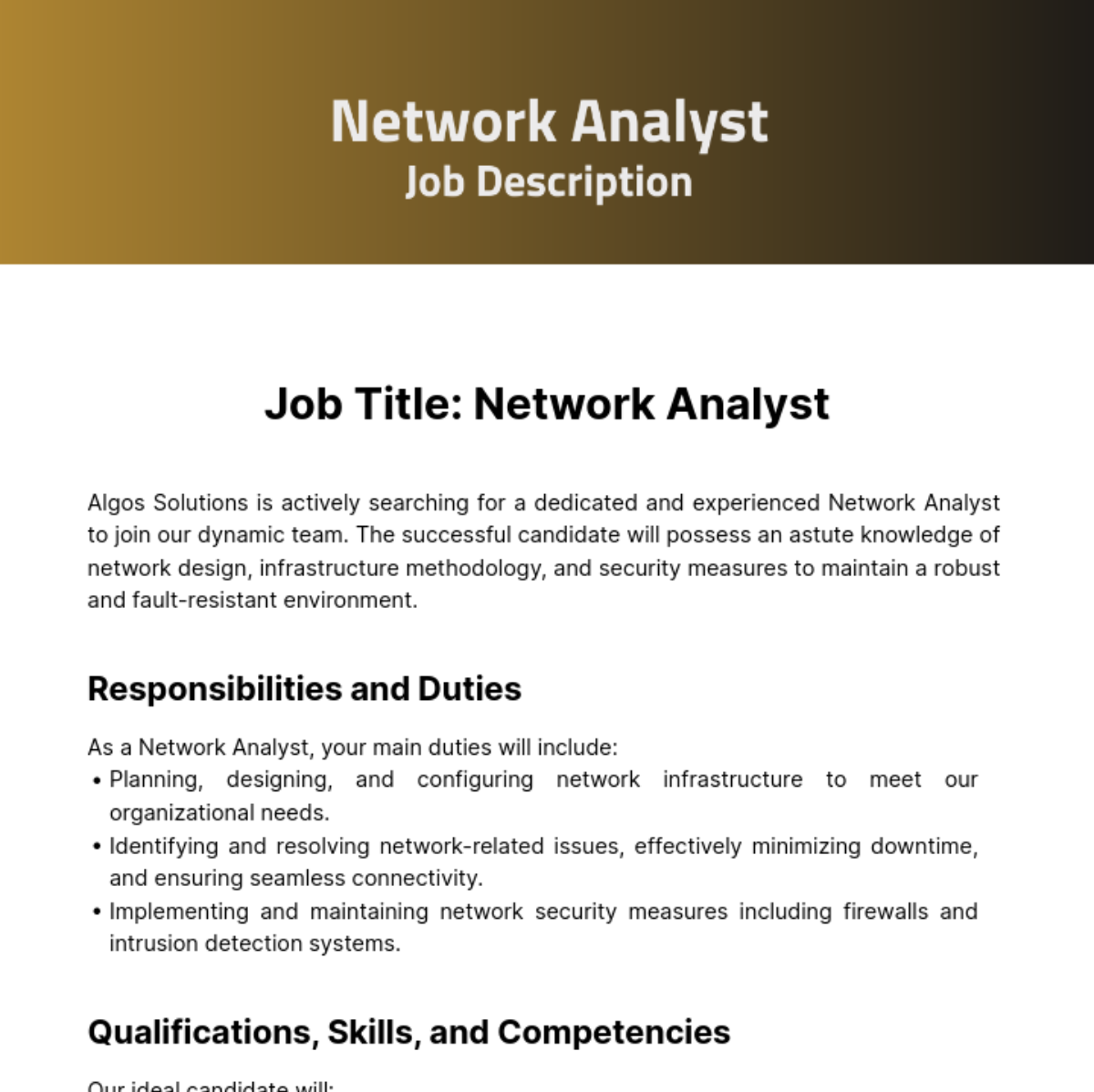 Network Analyst Job Description Template