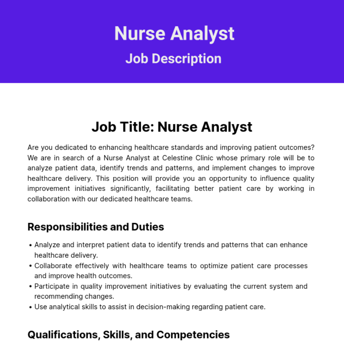 Nurse Analyst Job Description Template