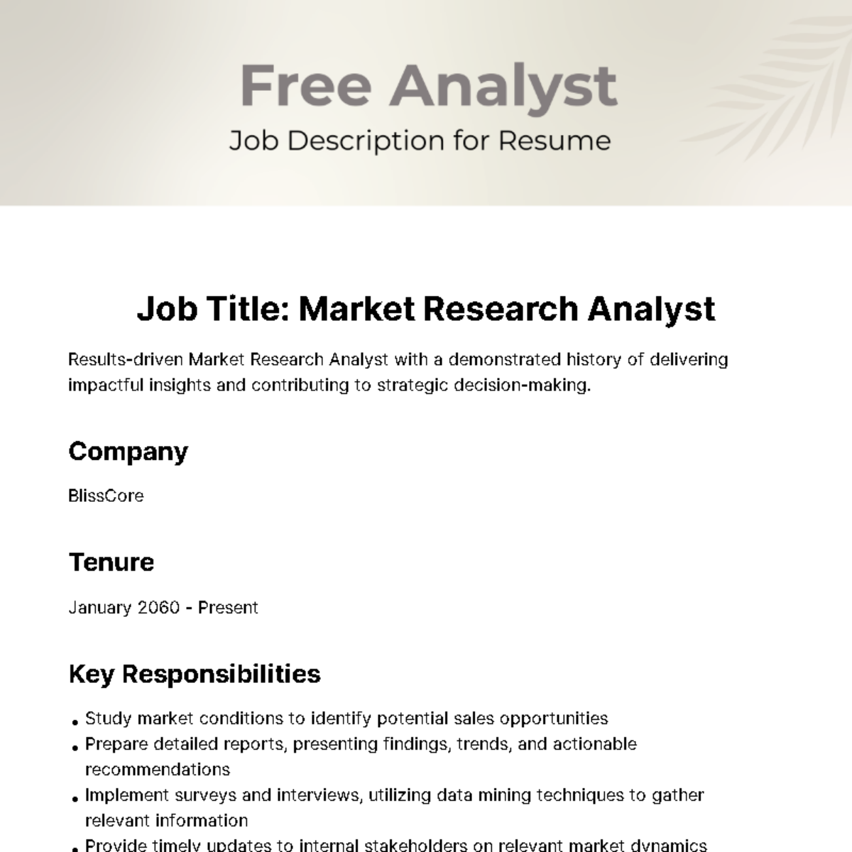 Analyst Job Description for Resume Template