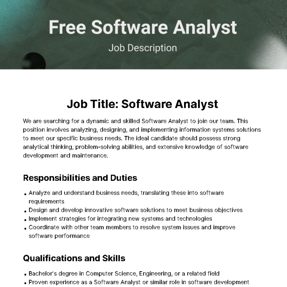 Software Analyst Job Description Template