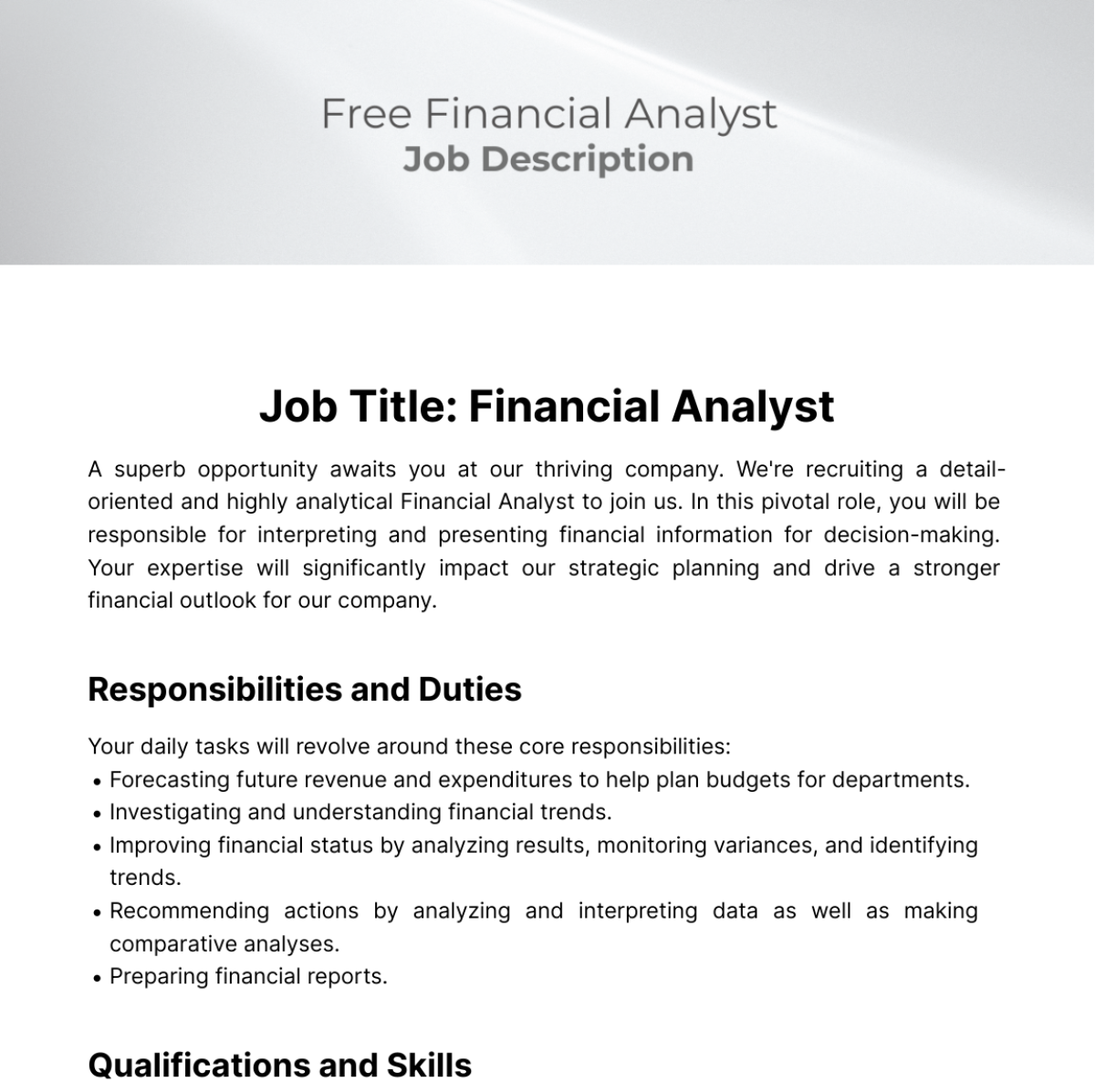 Financial Analyst Job Description Template