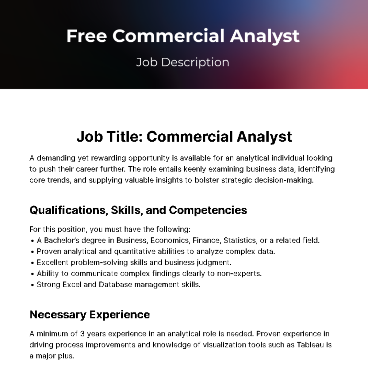 Commercial Analyst Job Description Template