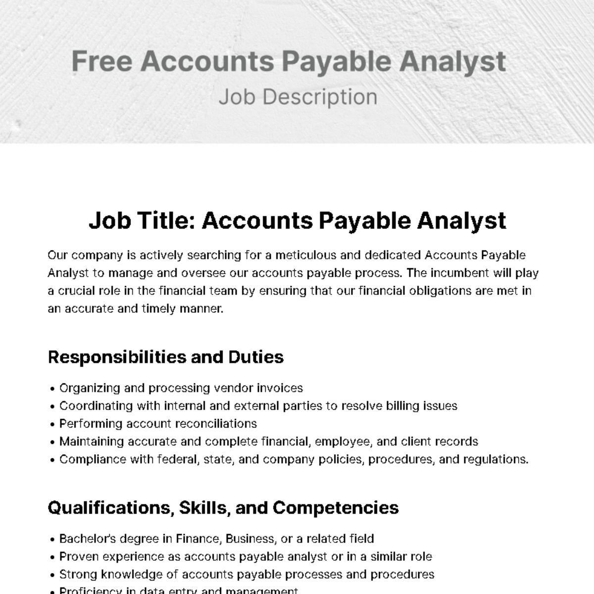 Accounts Payable Analyst Job Description Template