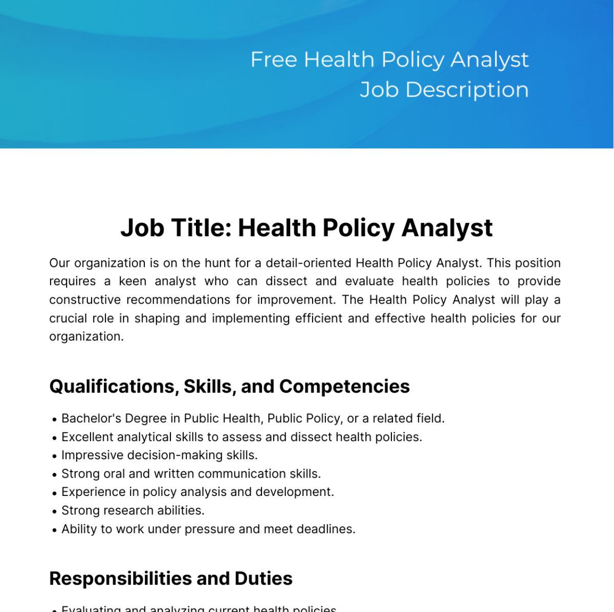 Health Policy Analyst Job Description Template