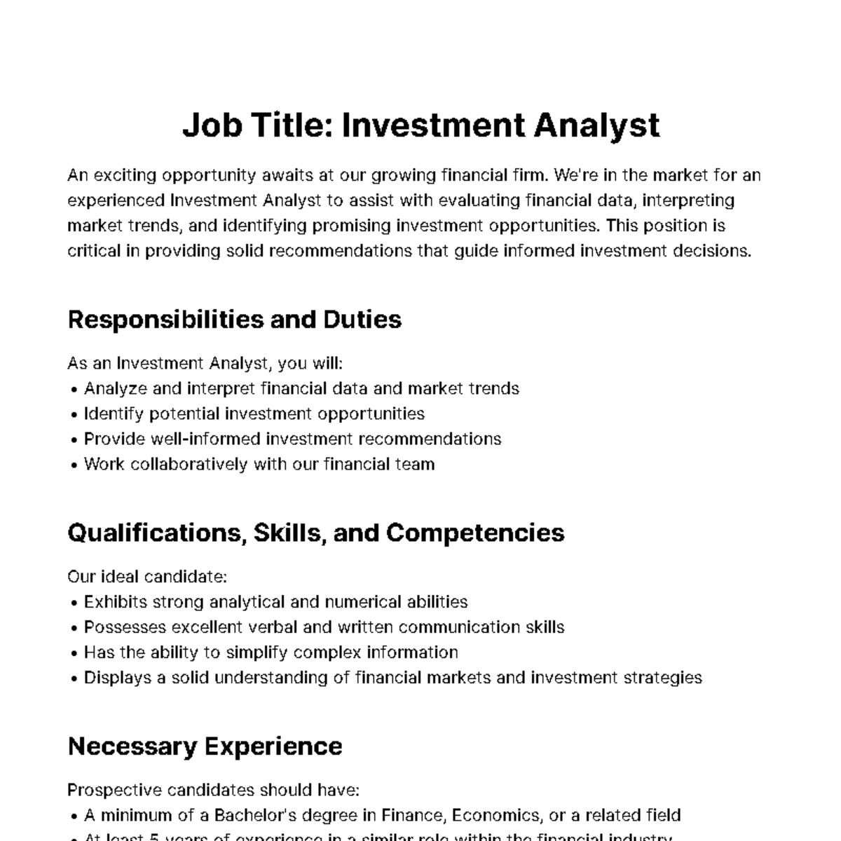Investment Analyst Job Description Template