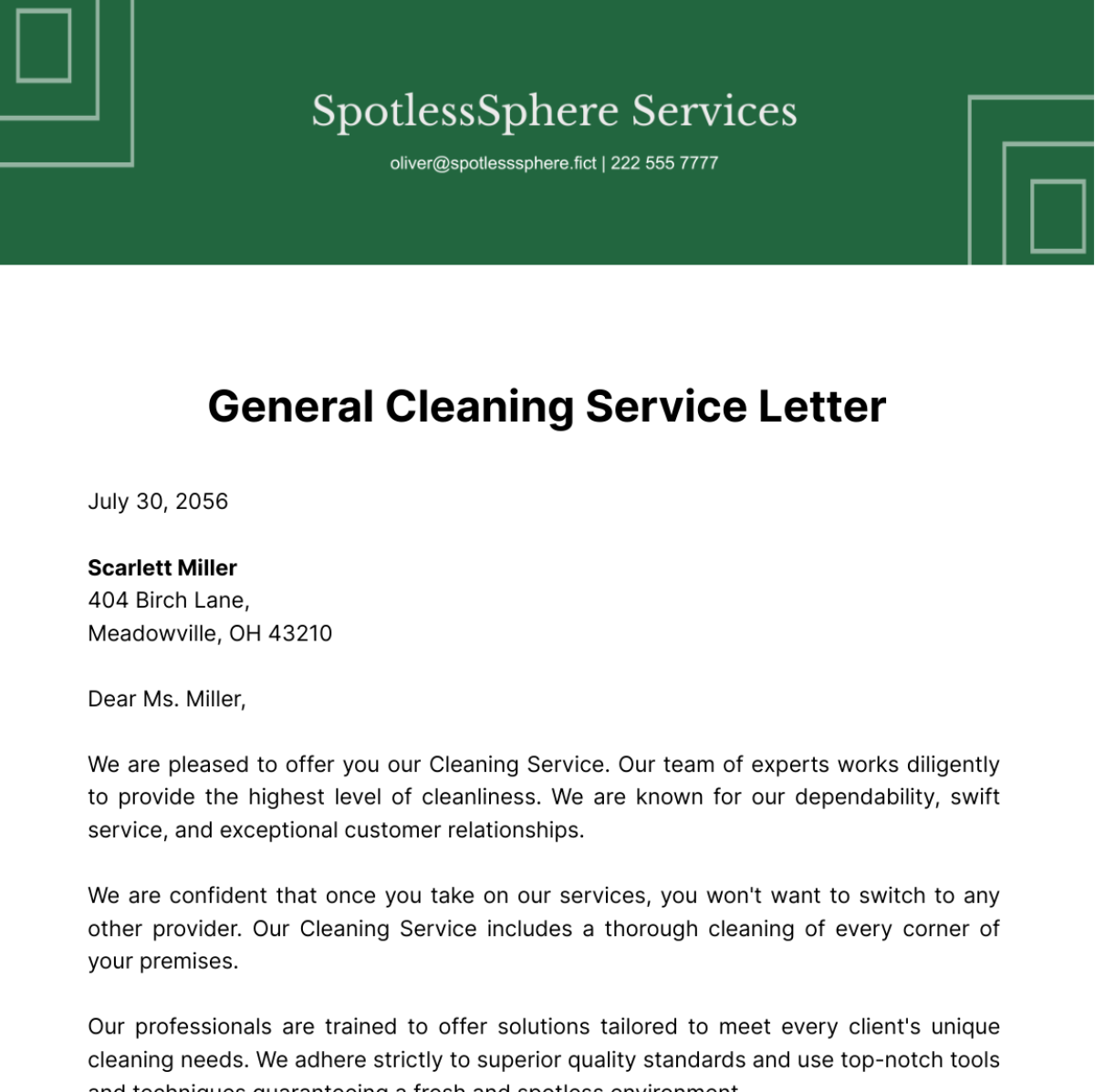General Cleaning Service Letter Template