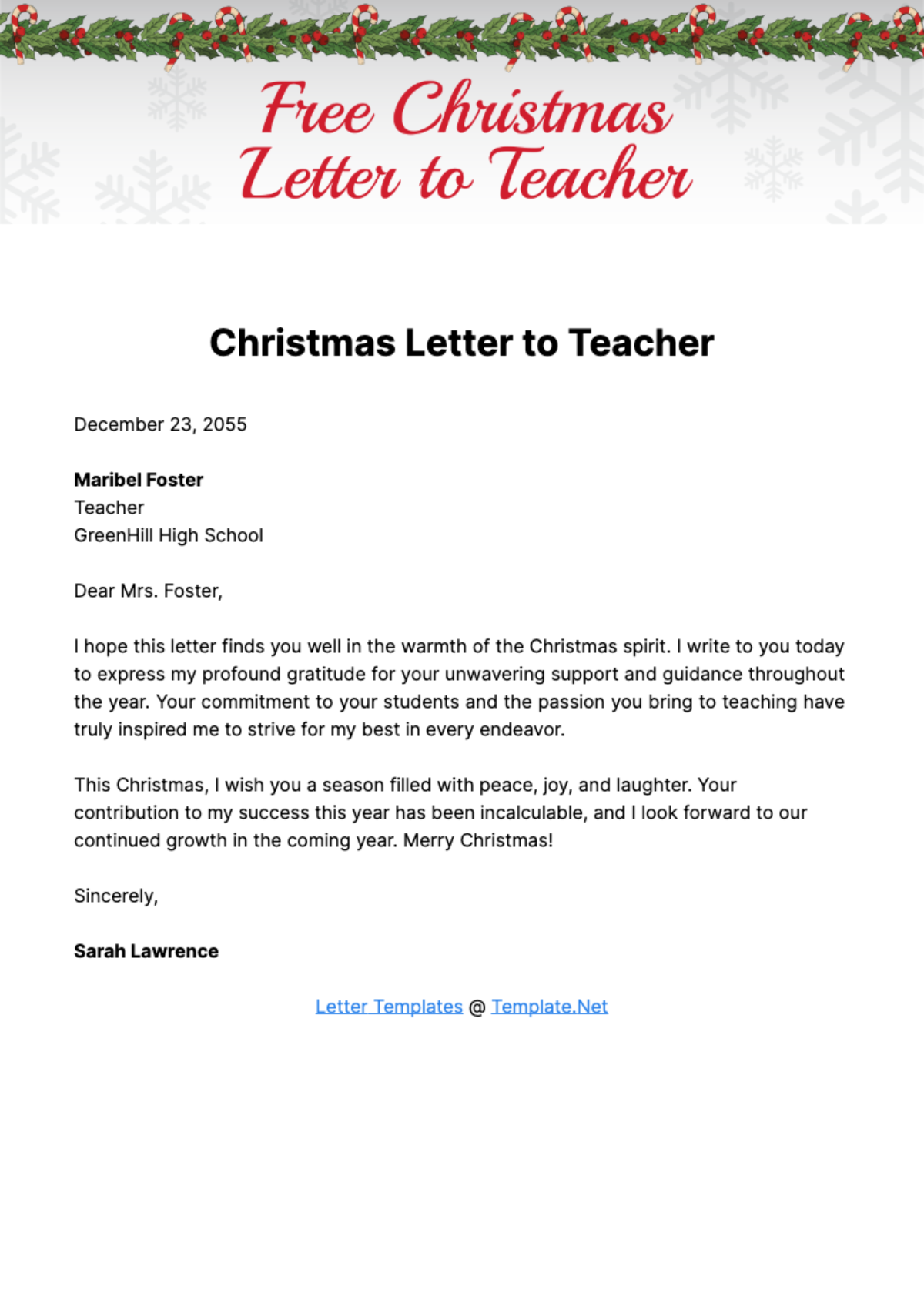 Free Christmas Letter to Teacher Template
