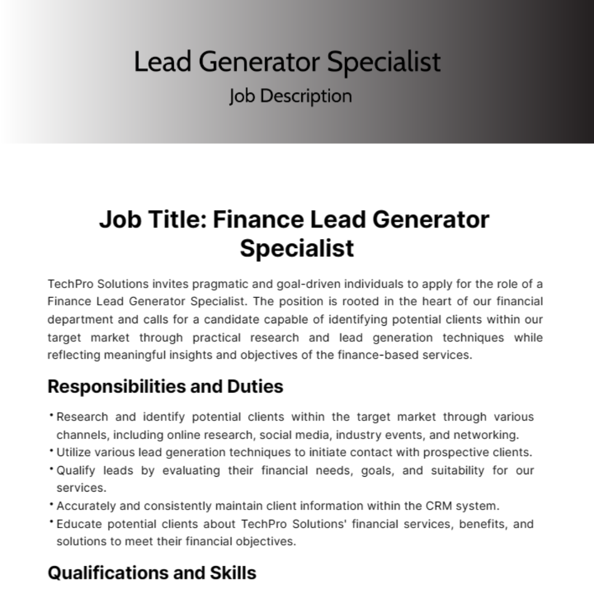 Lead Generation Job Description Template