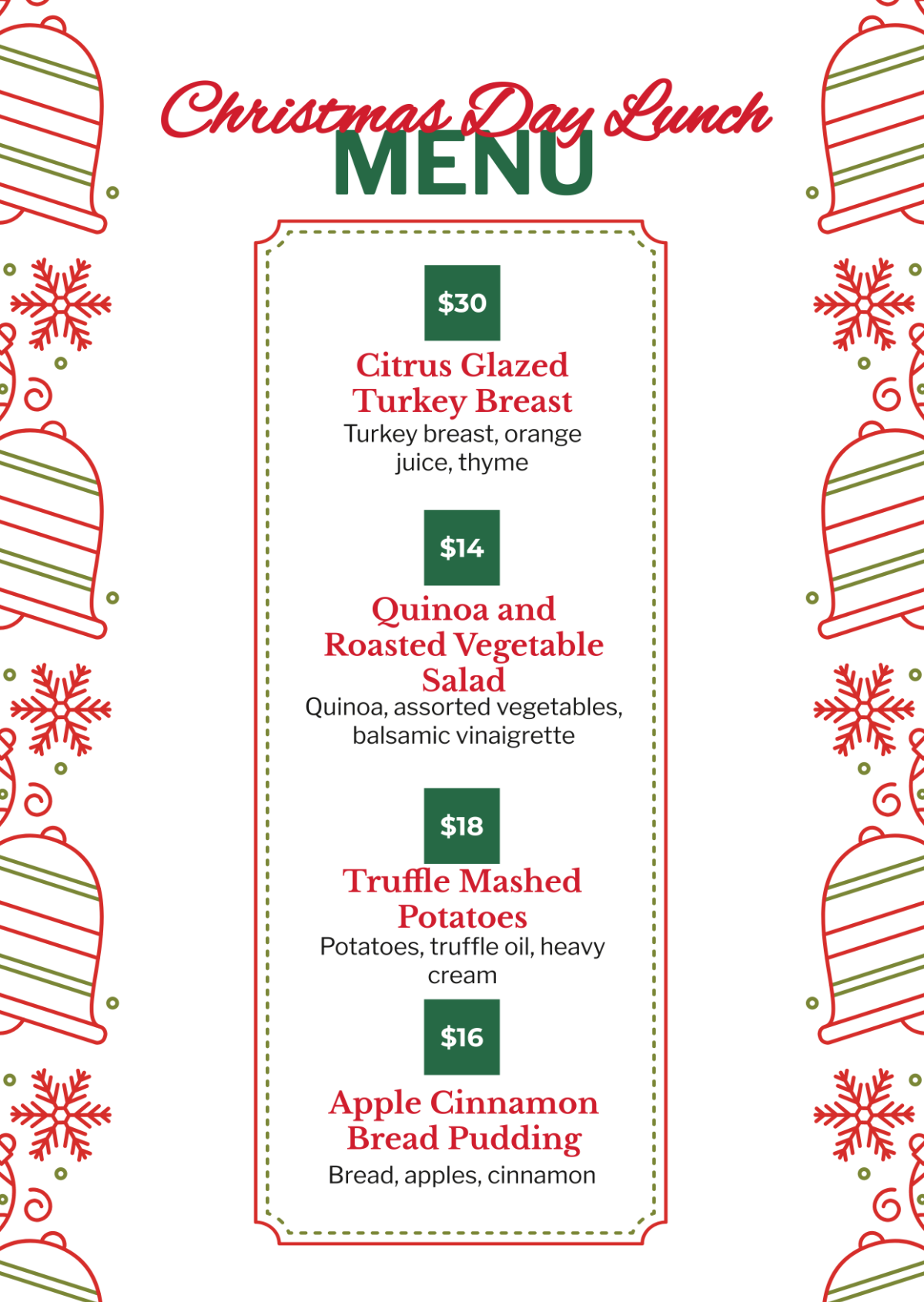 Free Christmas Day Lunch Menu Template