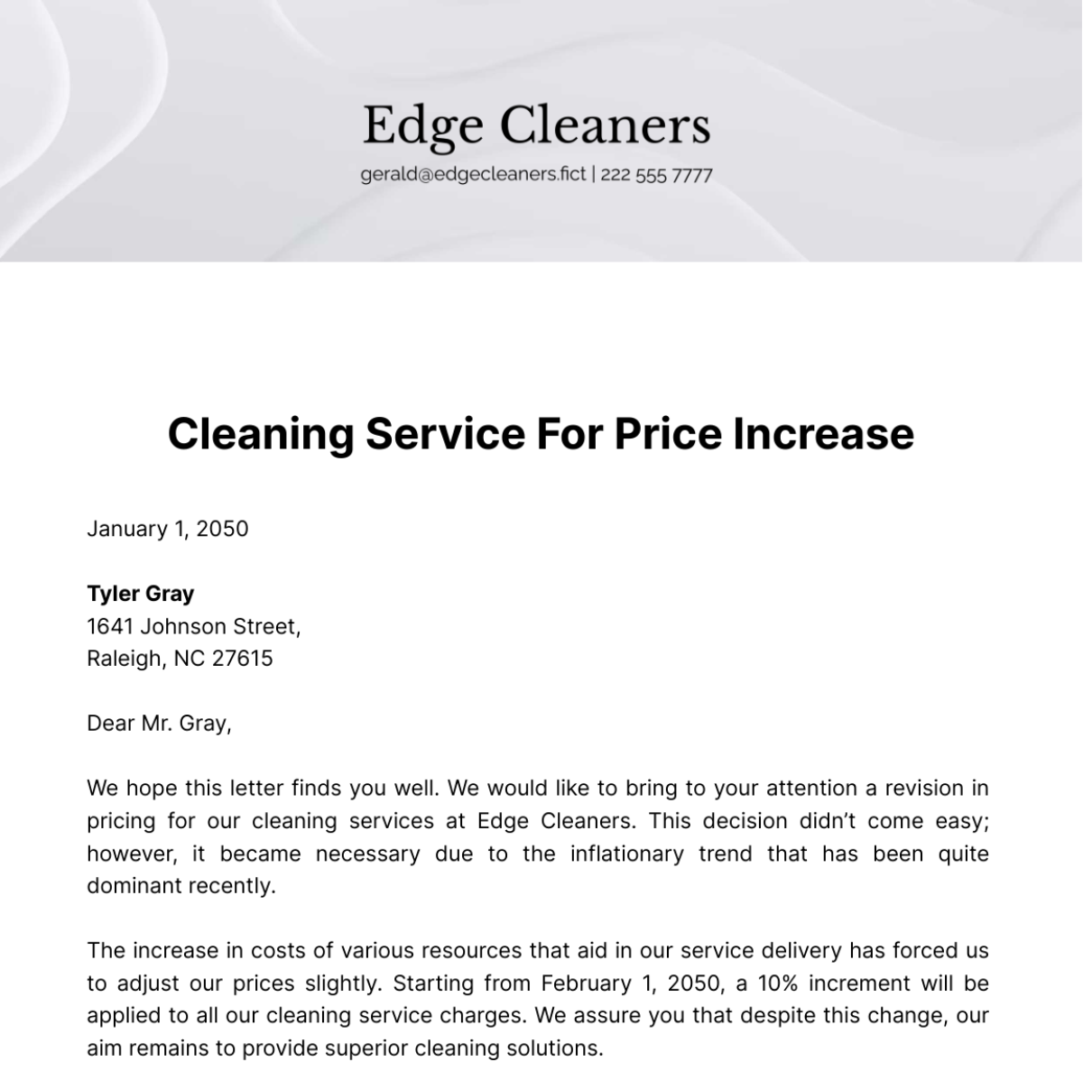 Cleaning Service Price Increase Letter Template