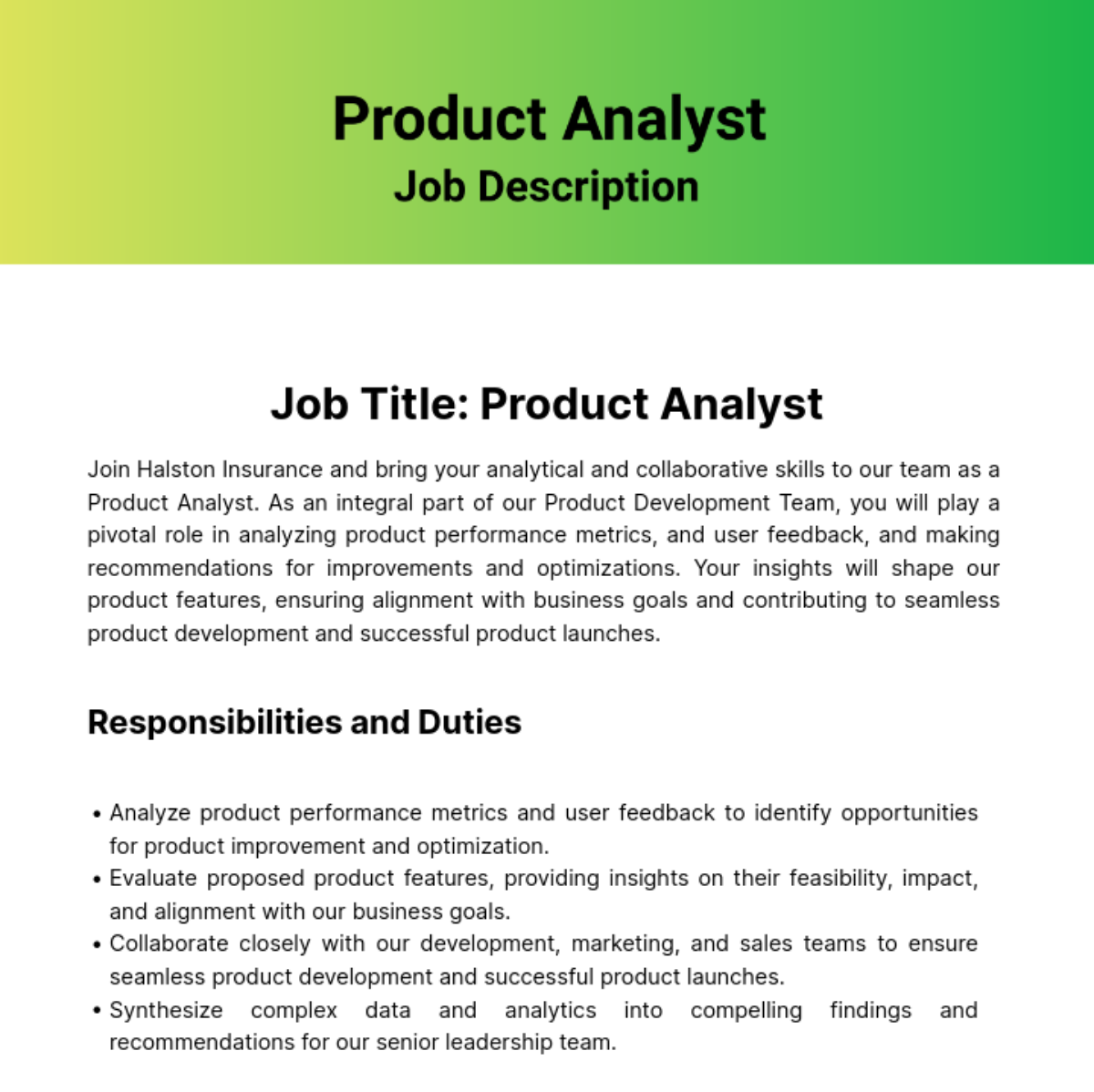 Product Analyst Job Description Template