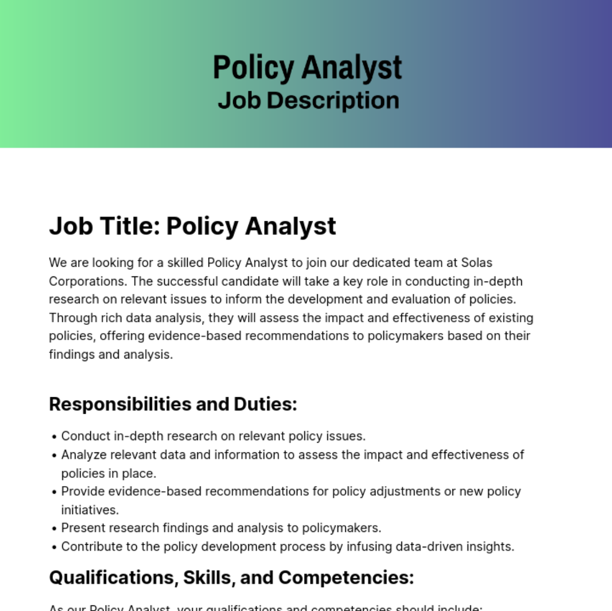 Policy Analyst Job Description Template