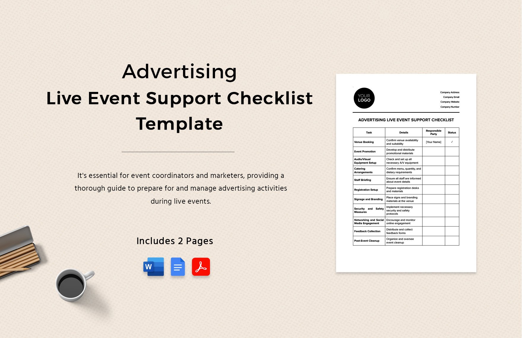 Advertising Live Event Support Checklist Template in Word, Google Docs, PDF