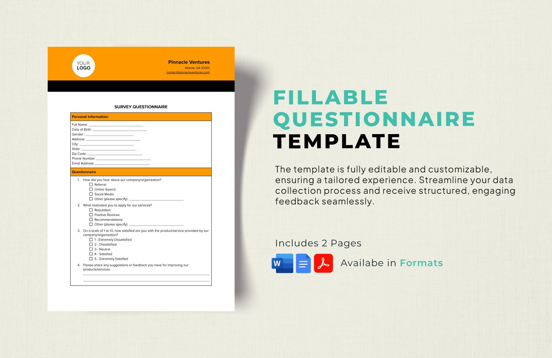 Fillable Questionnaire Template in Word, Google Docs, PDF