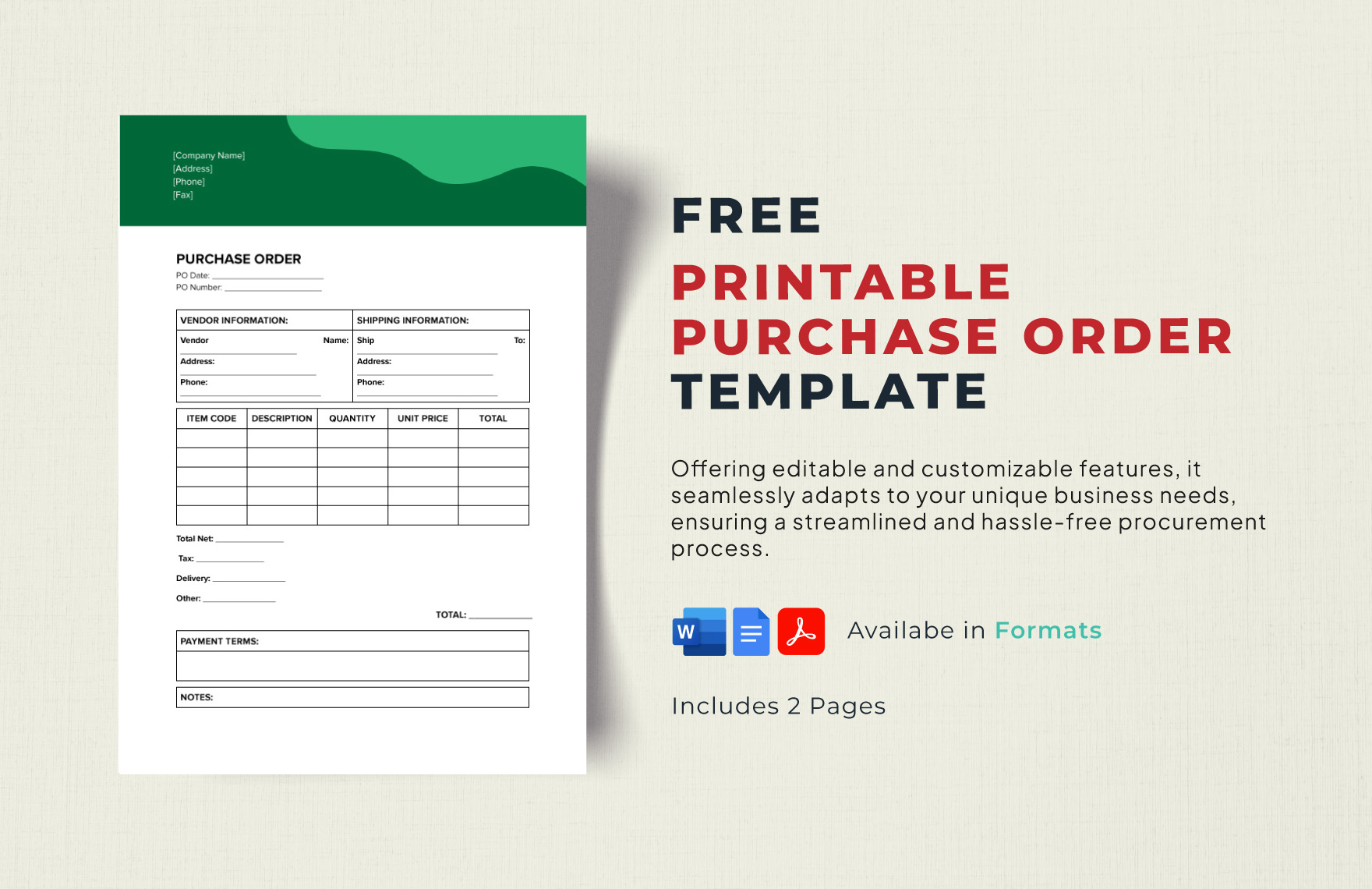 Free Simple Purchase Order Template - Download in Word, Google Docs ...