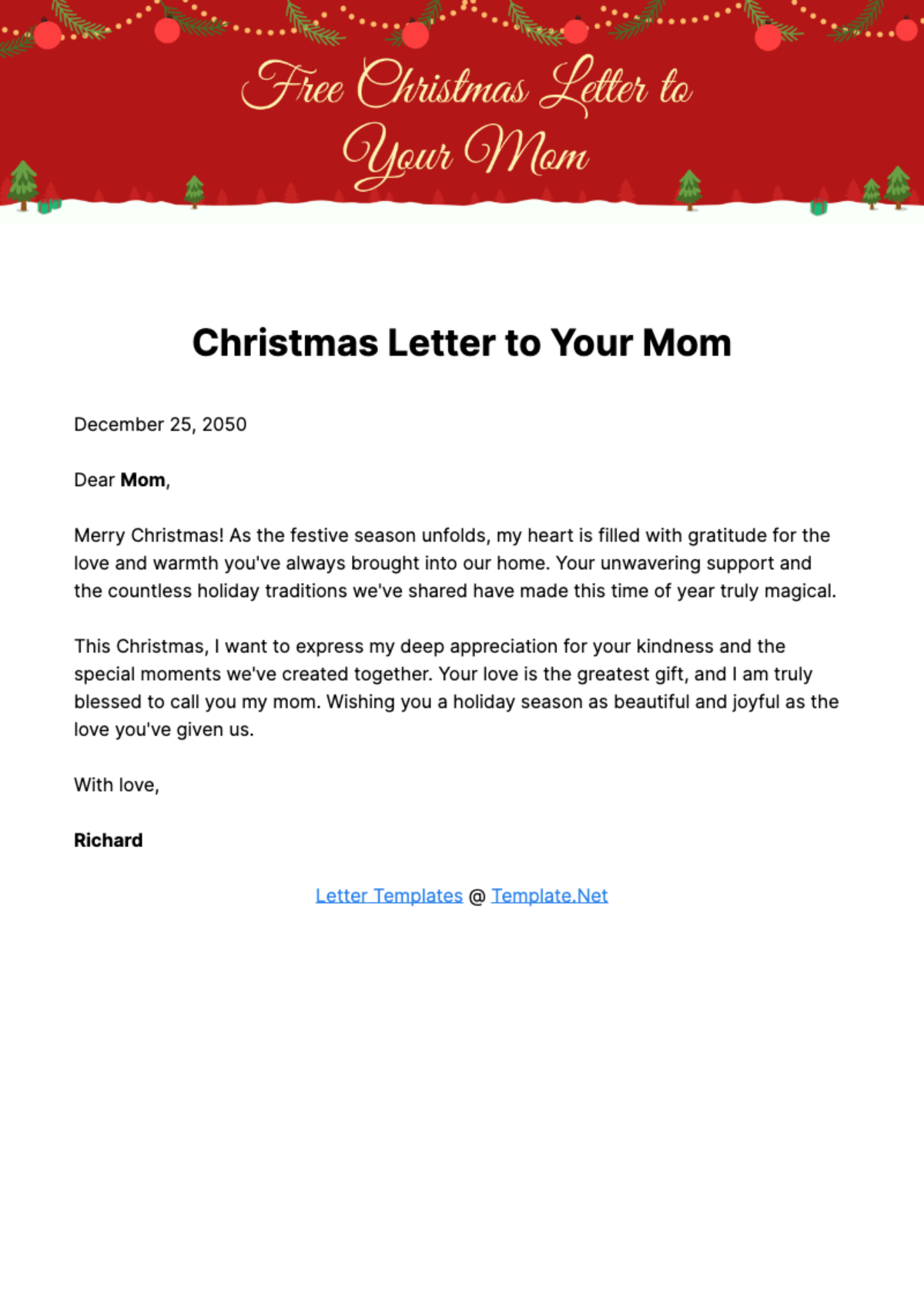 Free Christmas Letter to Your Mom Template
