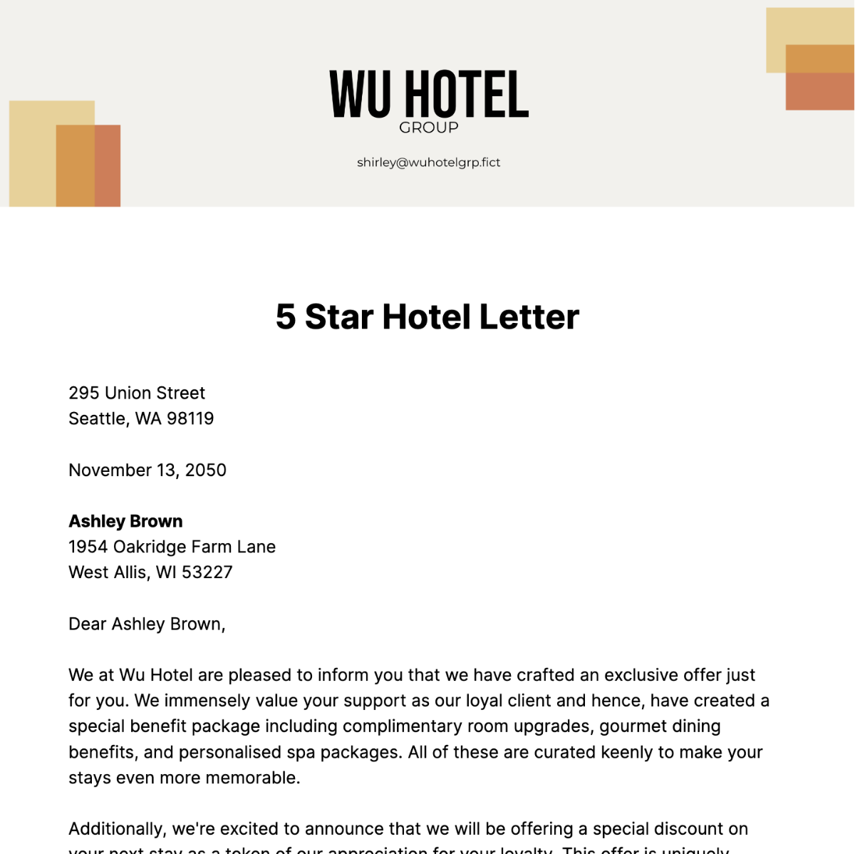 5 Star Hotel Letter Template