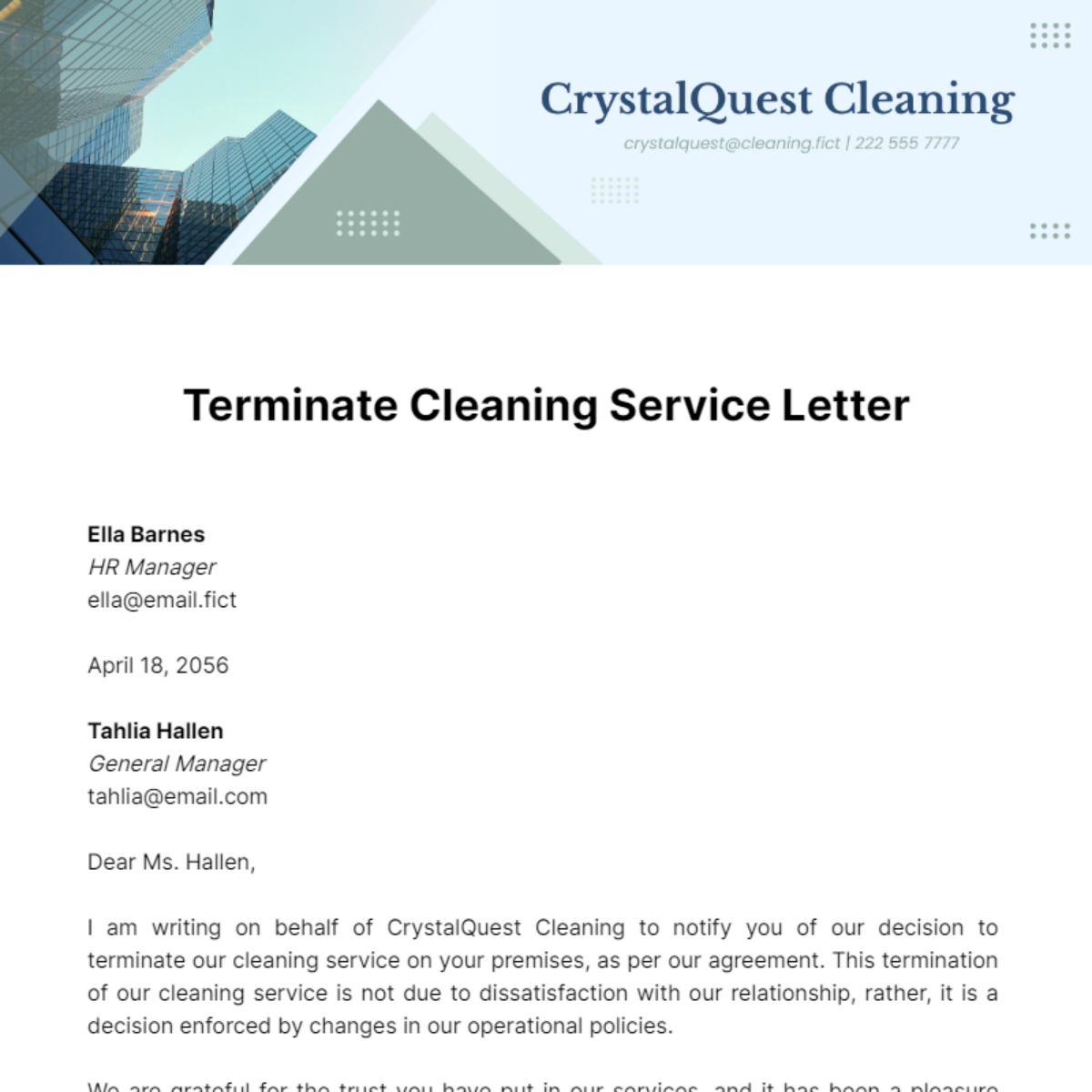 Terminate Cleaning Service Letter Template