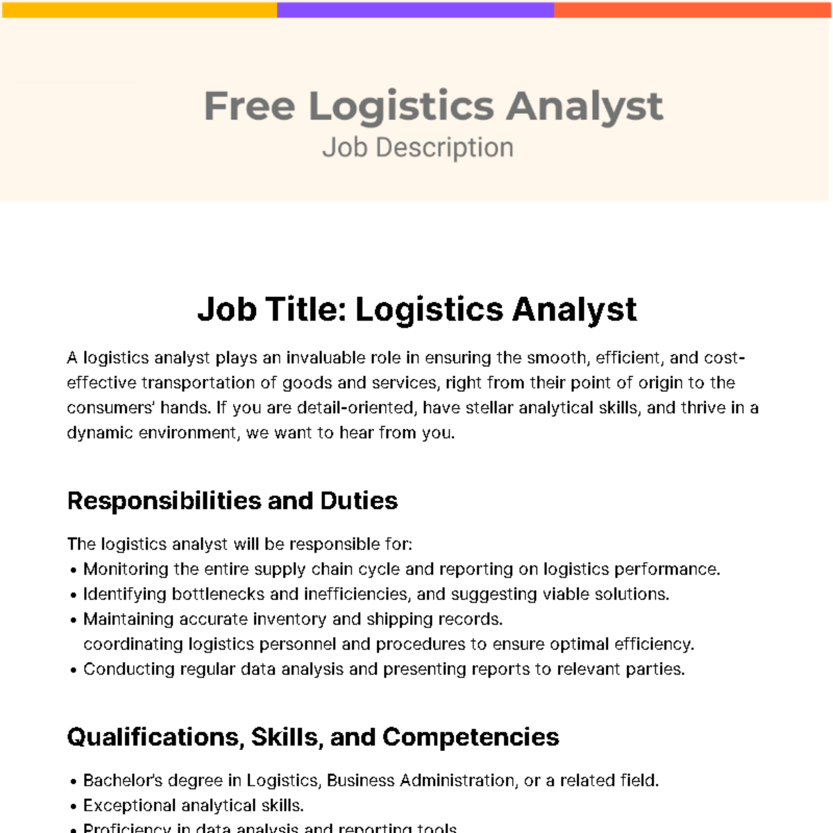 Logistics Analyst Job Description Template