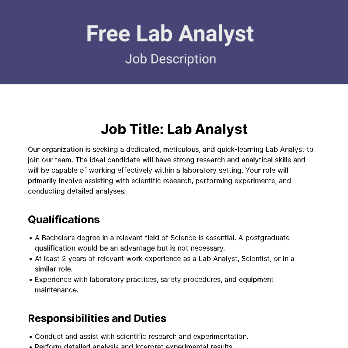 Lab Analyst Job Description Template