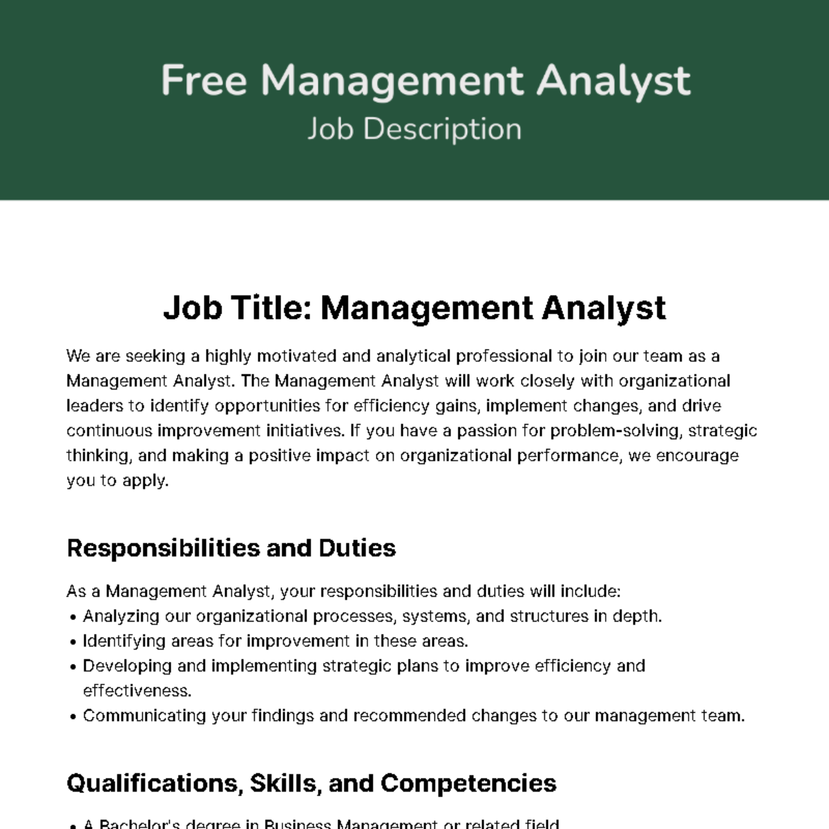 Management Analyst Job Description Template