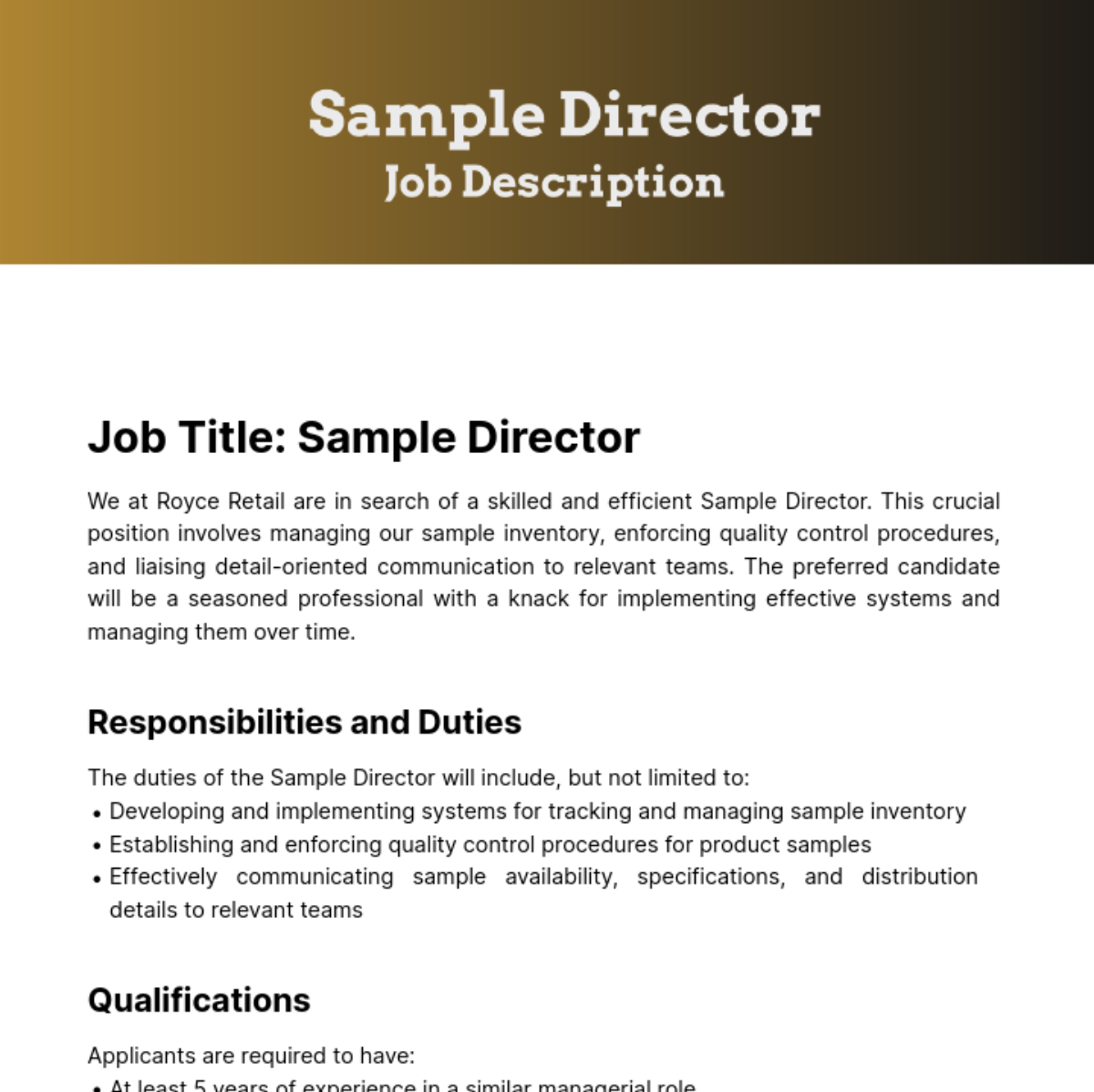 Free Sample Director Job Description Template To Edit Online