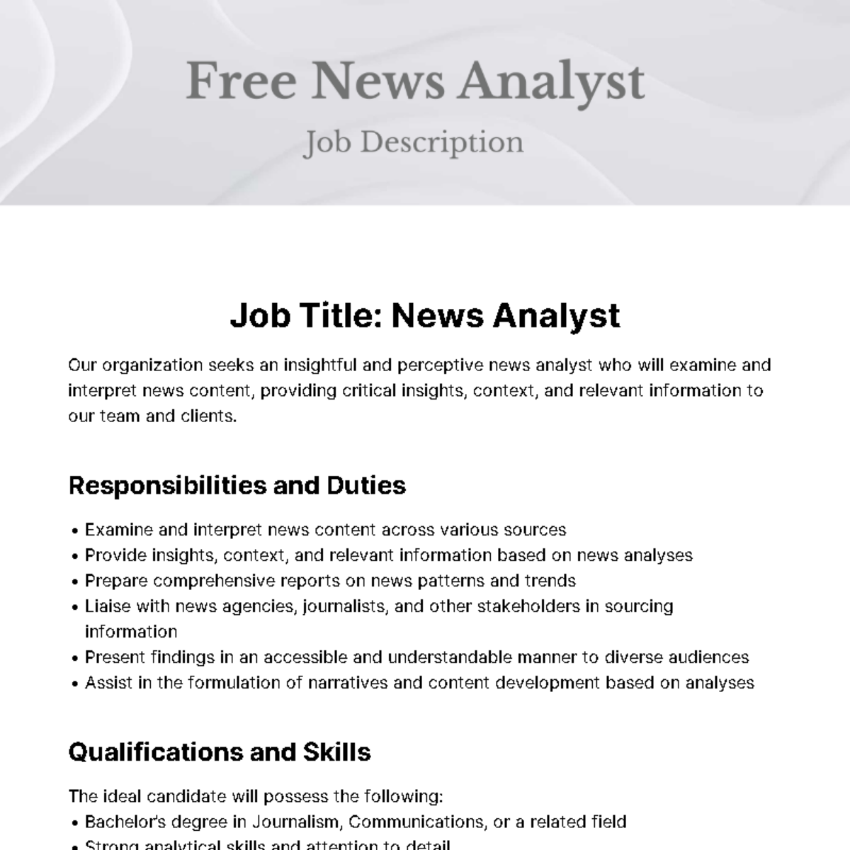 News Analyst Job Description Template