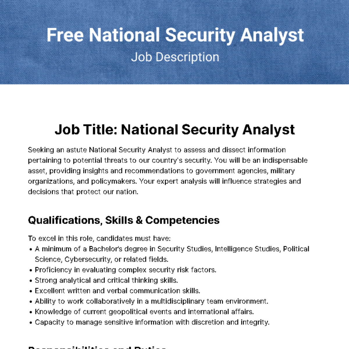 National Security Analyst Job Description Template