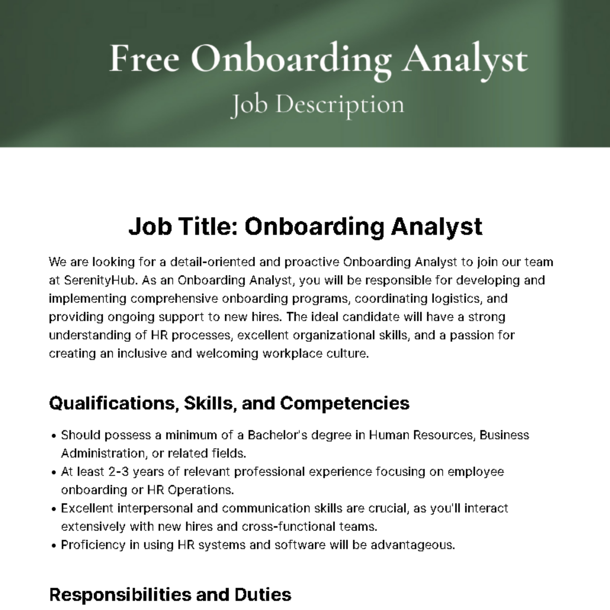 Onboarding Analyst Job Description Template