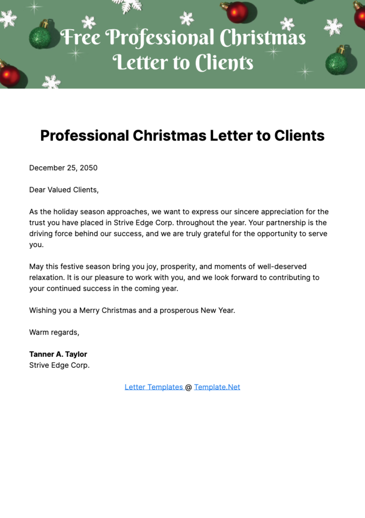 Professional Christmas Letter to Clients Template