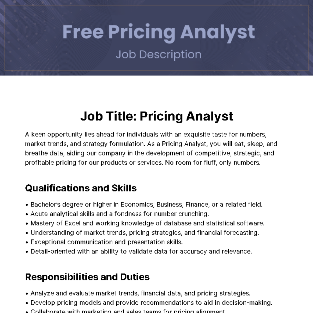 Pricing Analyst Job Description Template