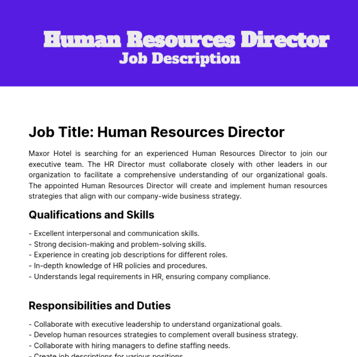 Human Resources Director Job Description Template