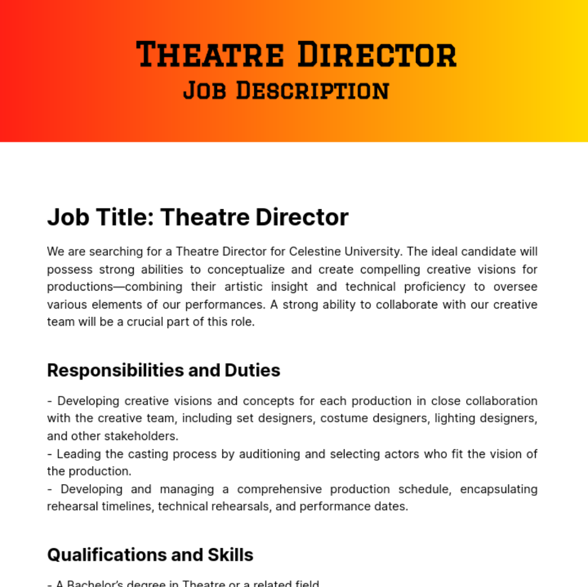 Theatre Director Job Description Template