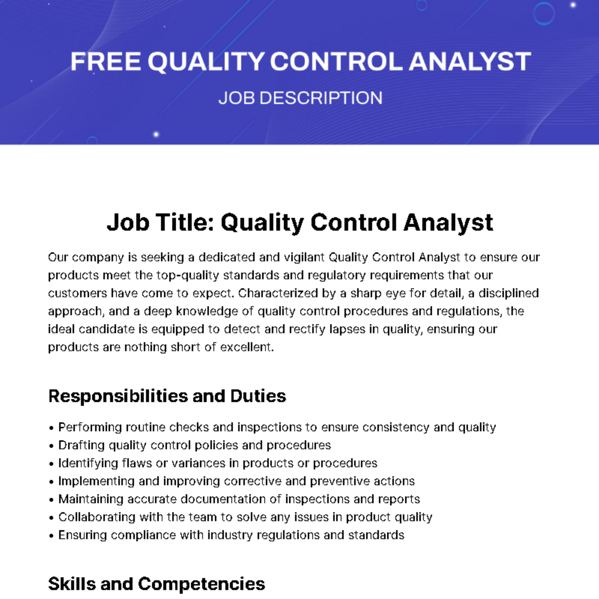 Quality Control Analyst Job Description Template