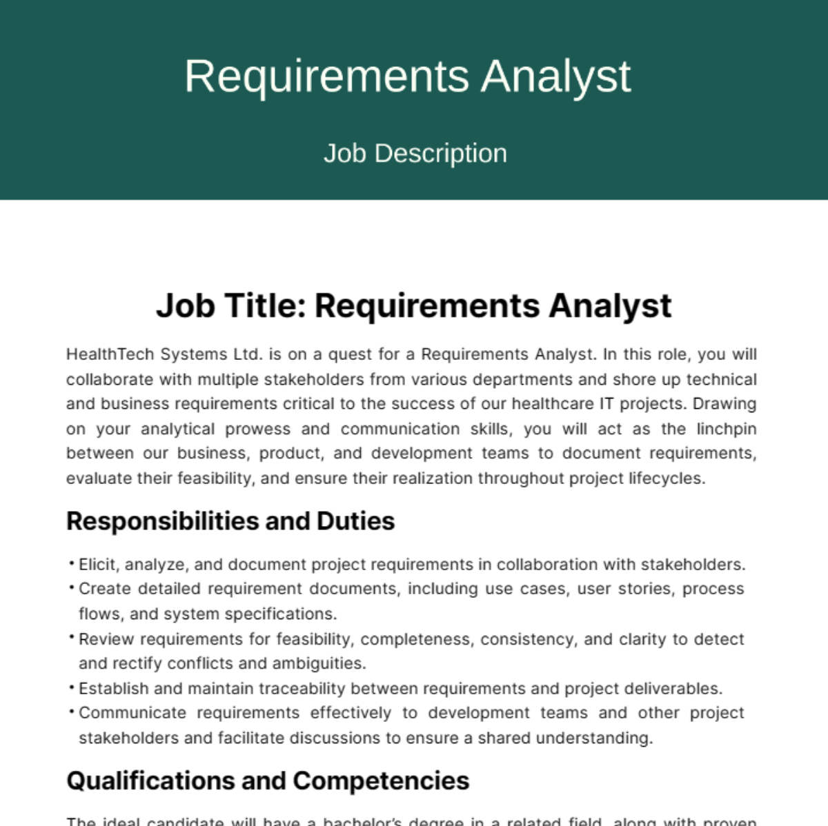 Requirements Analyst Job Description Template