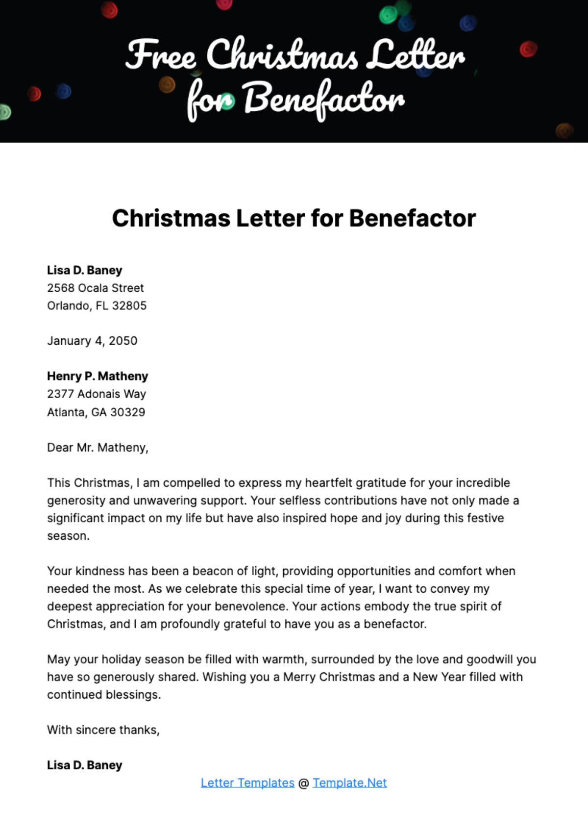 Free Christmas Letter for Benefactor Template