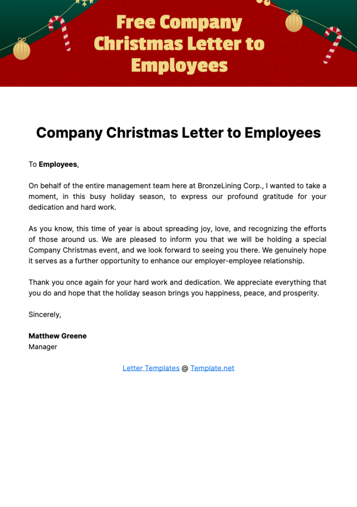 Company Christmas Letter to Employees Template